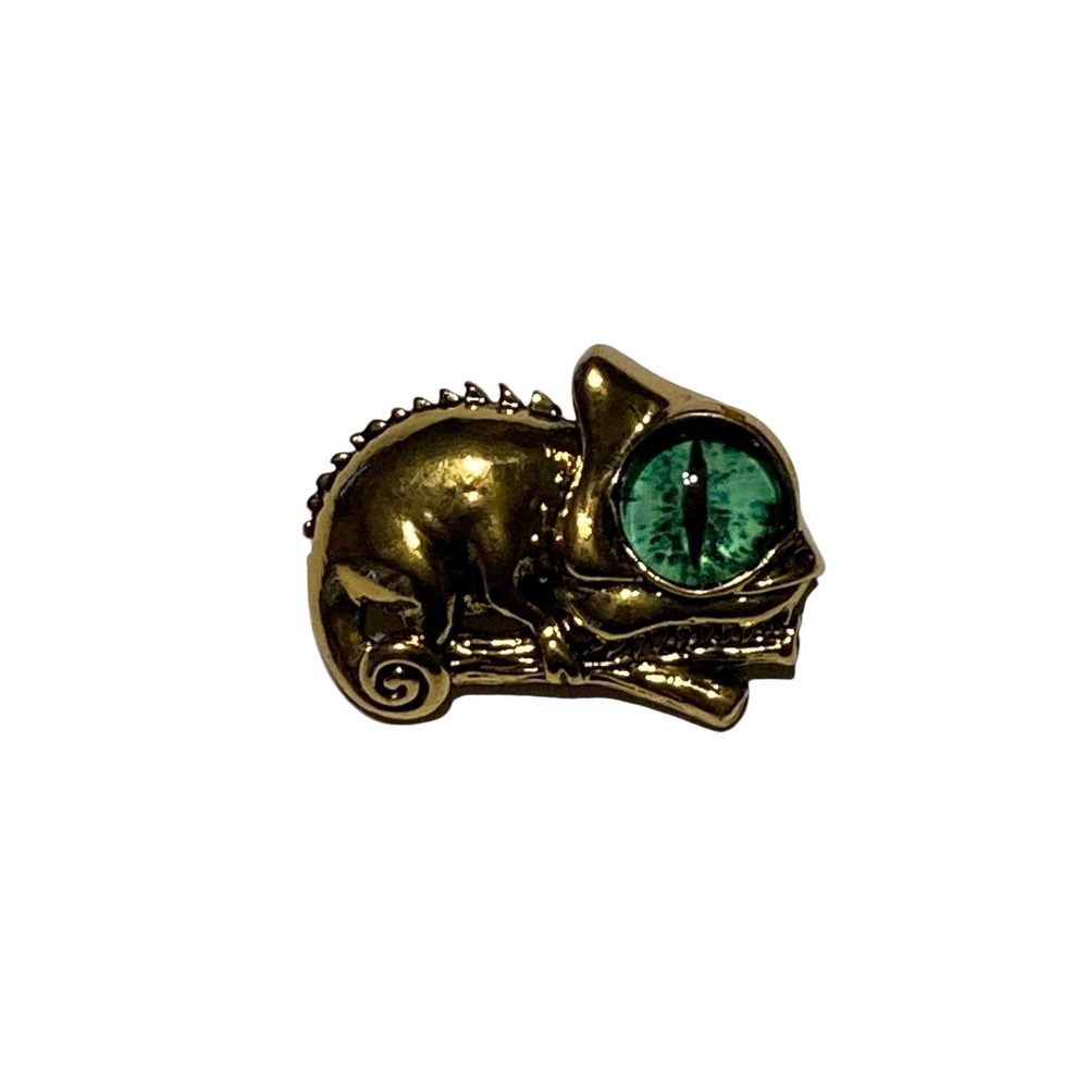 Gold Tone Chameleon Brooch Green Dragon Eye Lizard Pin Gothic Halloween